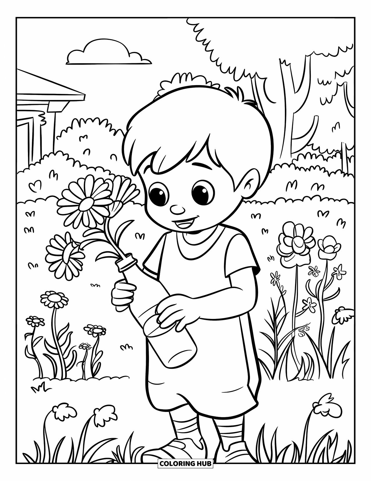 Recycling Coloring Page for Kids: Child reusing a plastic bottle as a flower vase in a garden