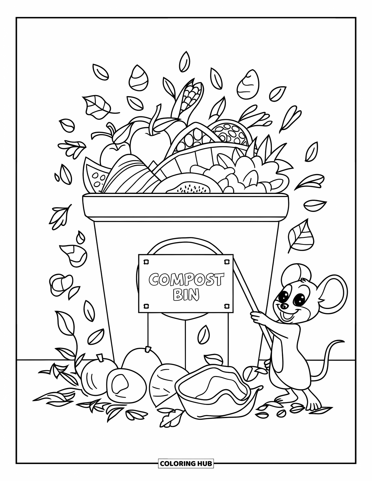 Recycling Coloring Page for Kids: Compost bin filled with fruit peels, leaves, and labeled waste items