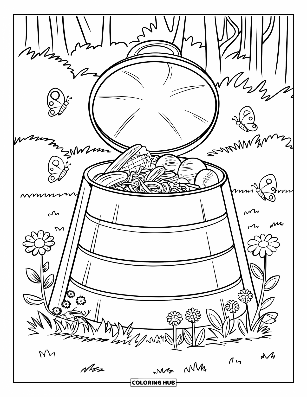 Recycling Coloring Page for Kids: Compost bin with food scraps surrounded by flowers, butterflies, and bees