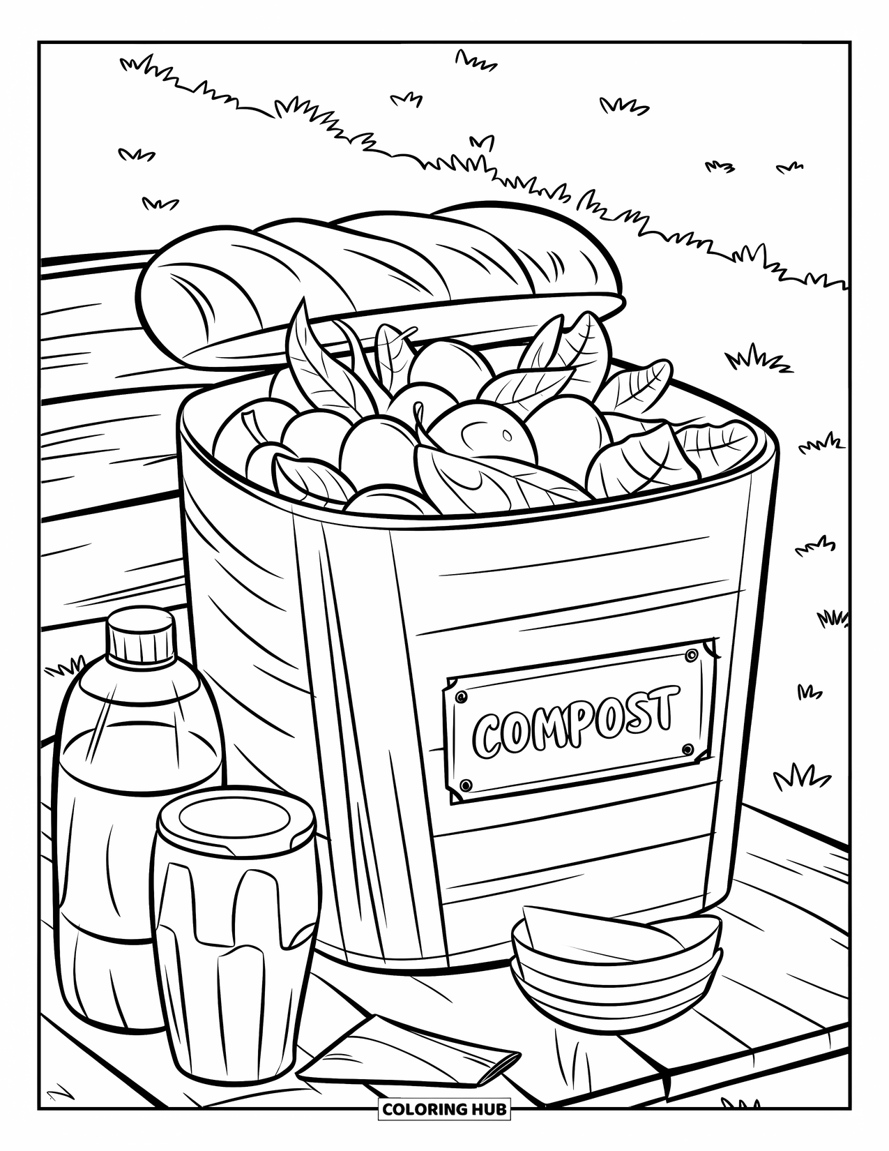 Recycling Coloring Page for Kids: Compost bin with waste items on a wooden platform in a grassy area