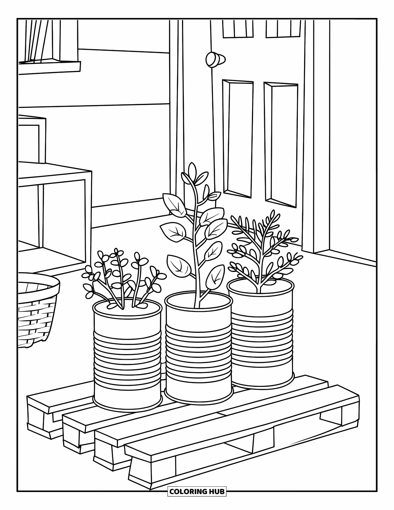 Recycling Coloring Page for Kids: DIY flower pot cans on a wooden pallet in a teenís room