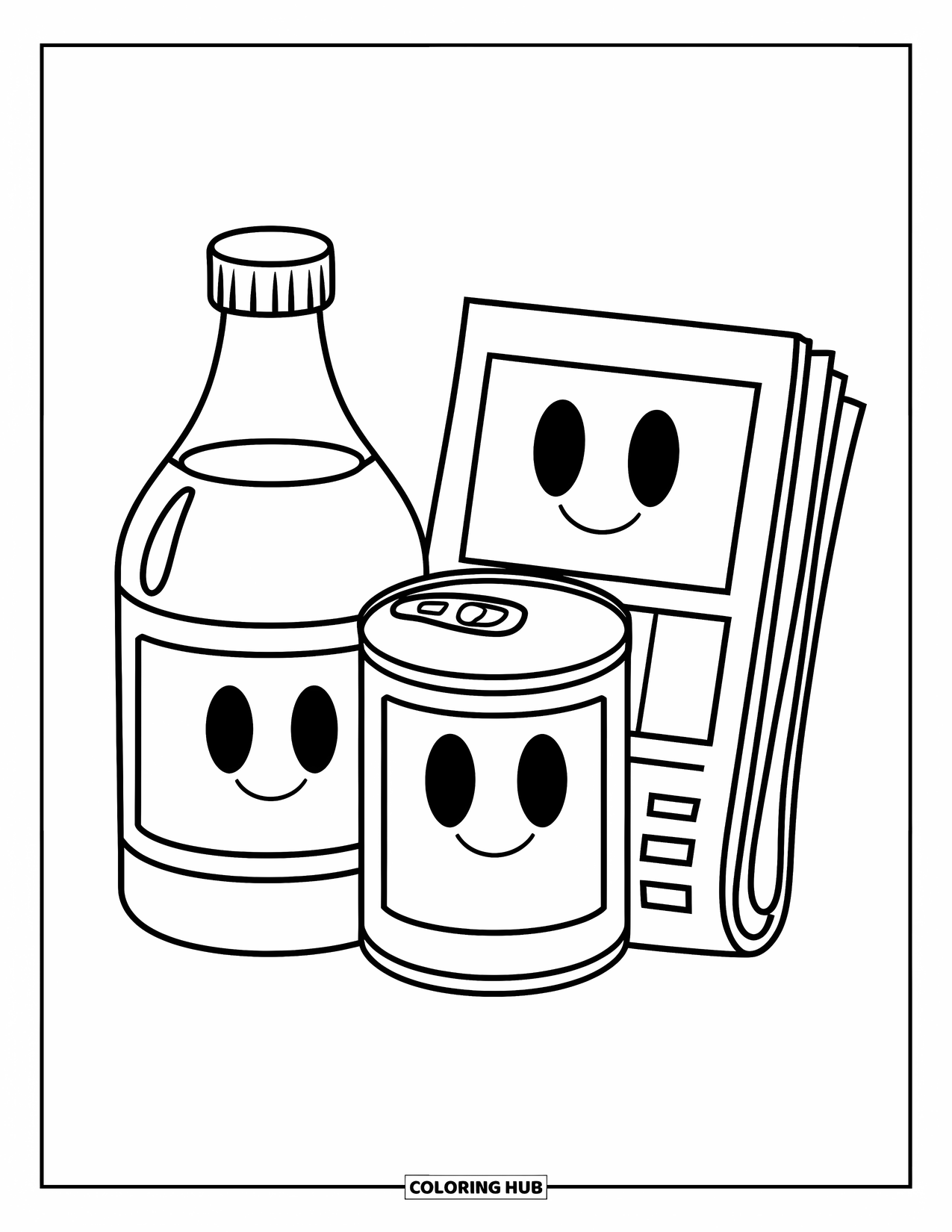 Recycling Coloring Page for Kids: Happy bottle, can, and newspaper with cheerful faces