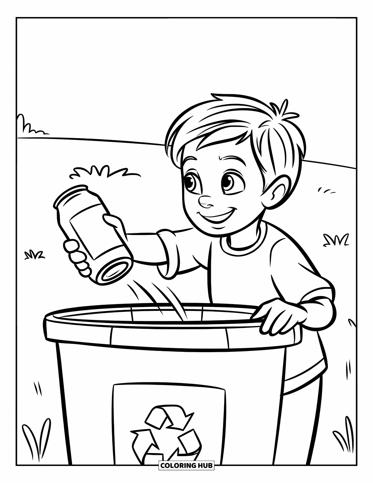 Recycling Coloring Page for Kids: Happy kid tossing a can into a recycling bin