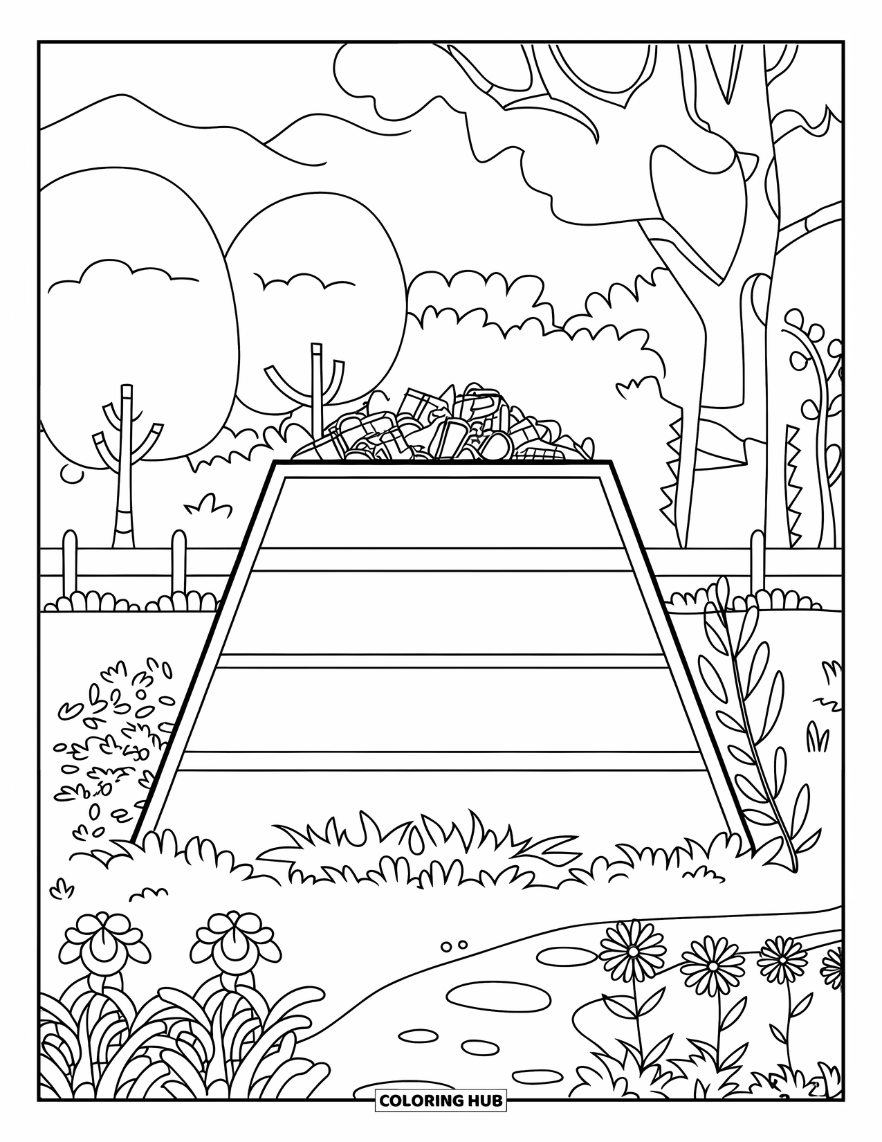 Recycling Coloring Page for Kids: Large compost bin with food scraps in a garden with mountains and trees