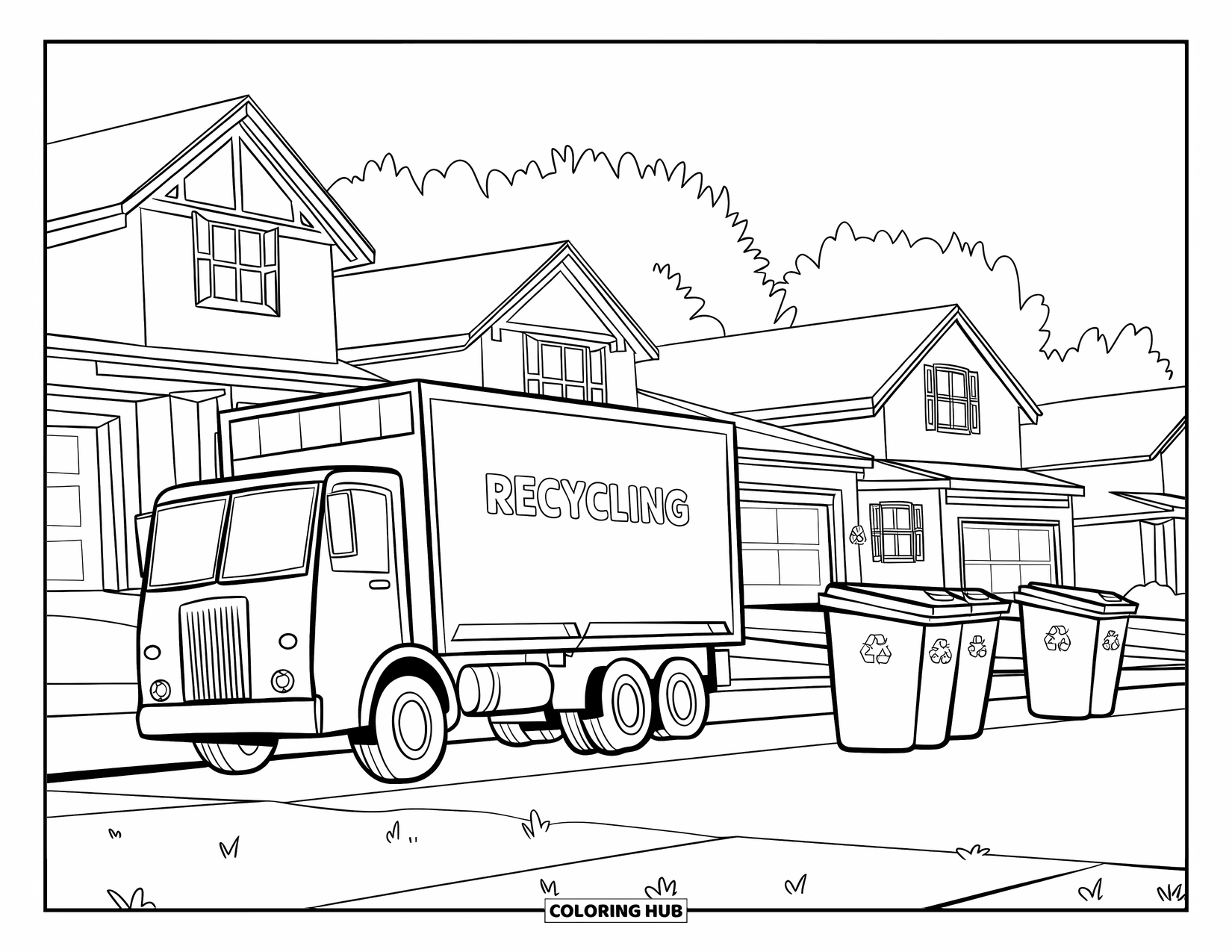 Recycling Coloring Page for Kids: Neighborhood recycling truck visiting three houses with bins outside