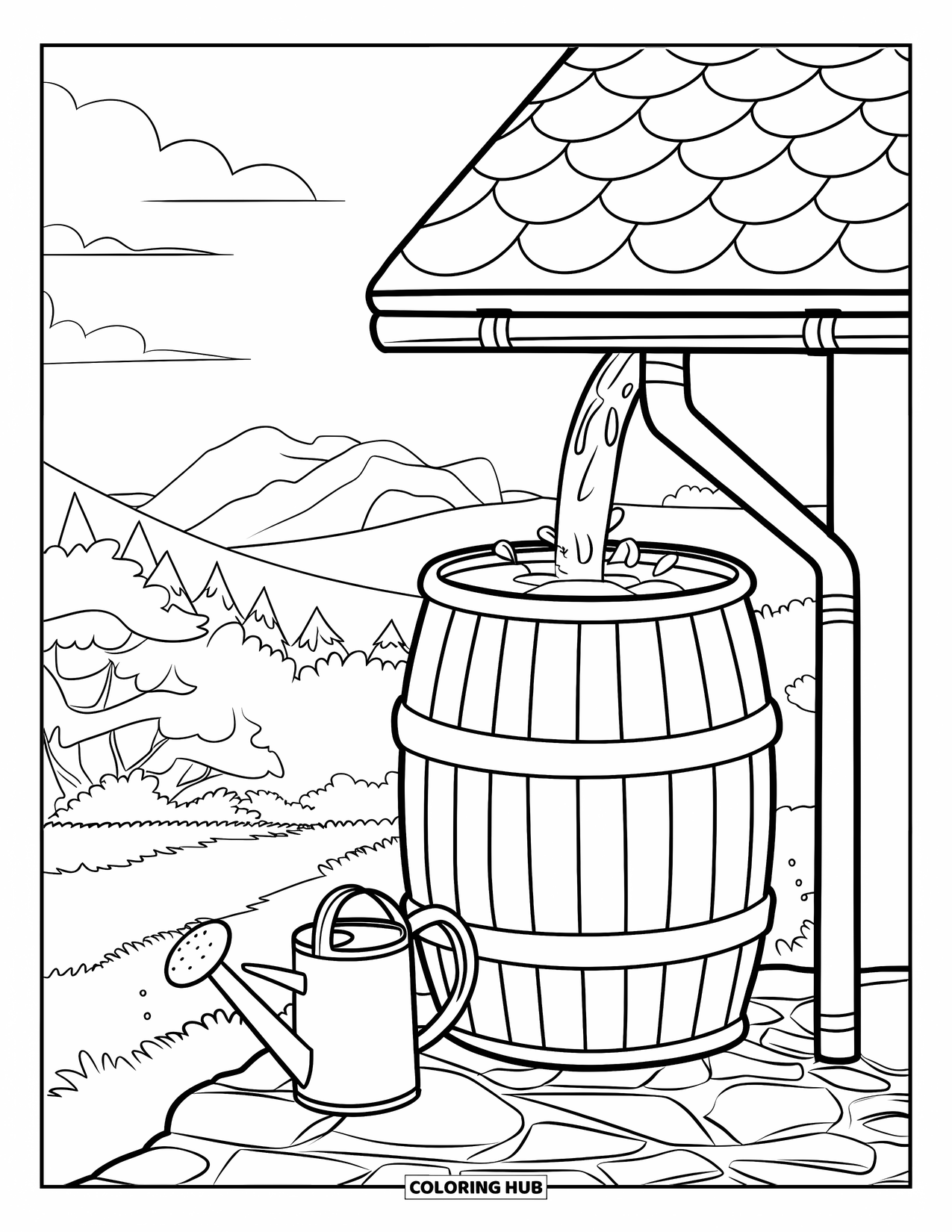 Recycling Coloring Page for Kids: Rain barrel collecting water from a roof beside a watering can