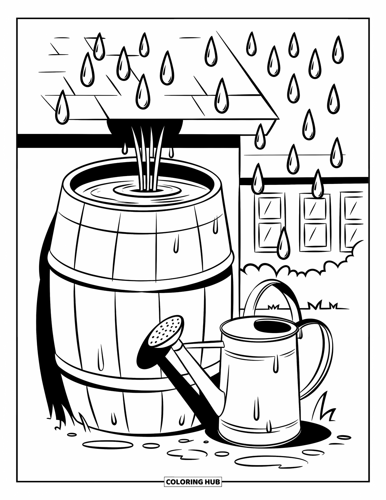 Recycling Coloring Page for Kids: Rain barrel with a spout catching water near a watering can