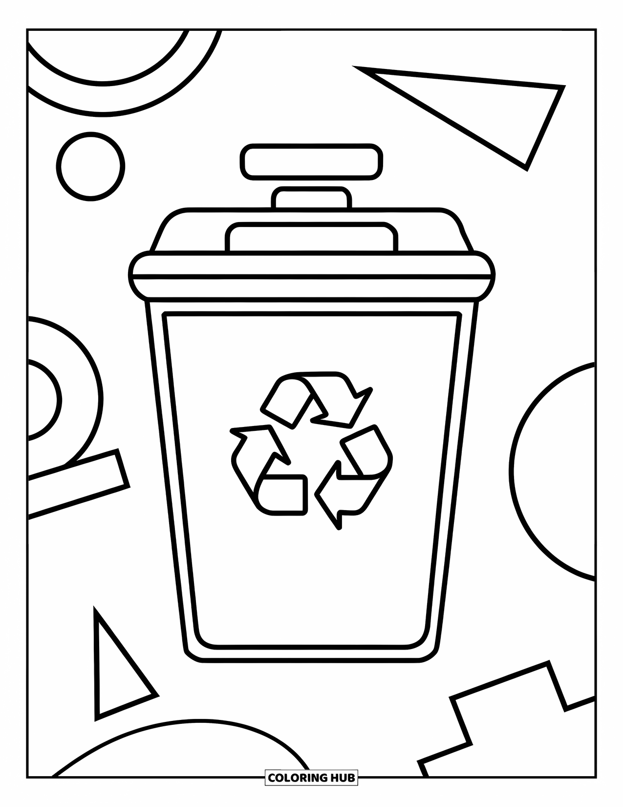 Recycling Coloring Page for Kids: Recycling bin with a big symbol surrounded by simple shapes