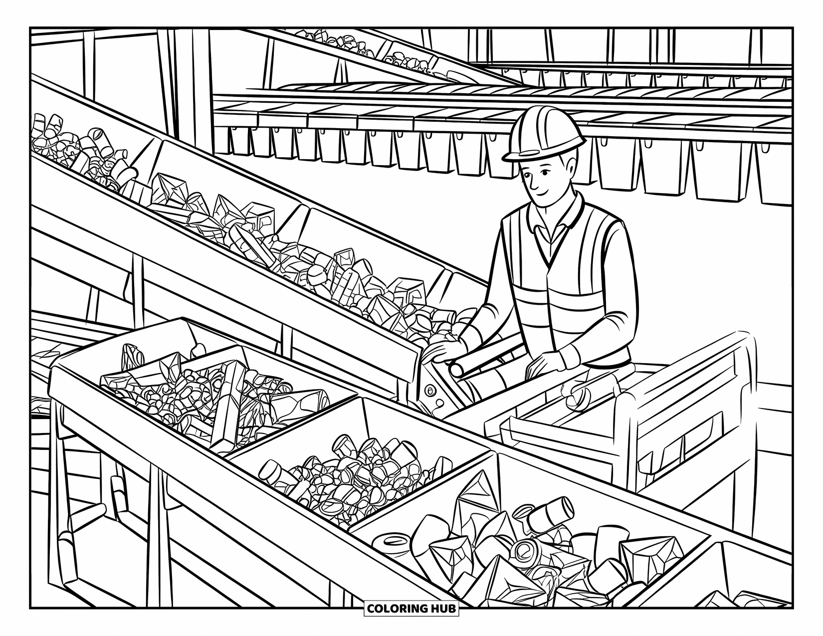 Recycling Coloring Page for Kids: Recycling plant with worker sorting paper, plastic, and glass into bins