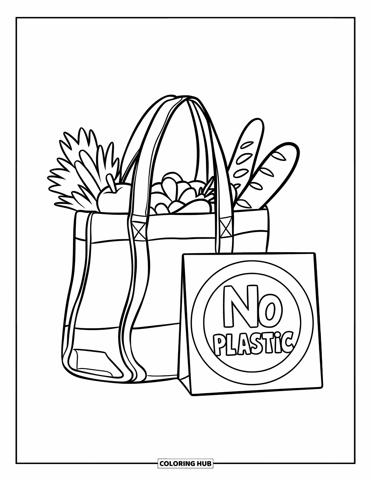 Recycling Coloring Page for Kids: Reusable bag filled with groceries with a nearby ìno plasticî sign
