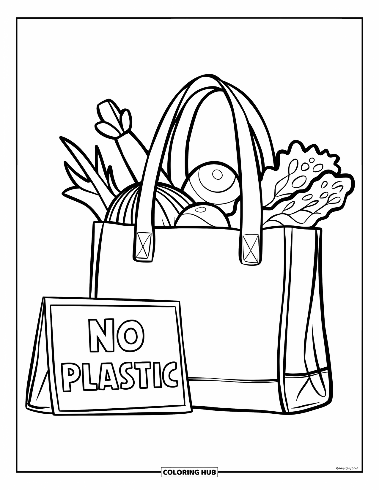 Recycling Coloring Page for Kids: Reusable grocery bag with a ìno plasticî sign beside it