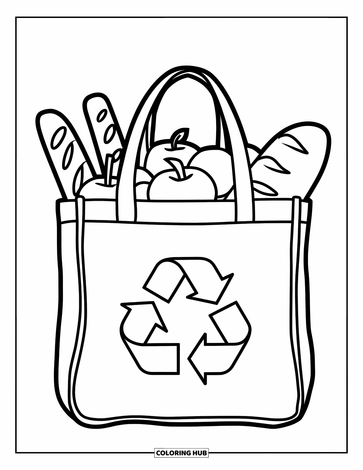 Recycling Coloring Page for Kids: Reusable tote bag filled with fruits, bread, and a recycle symbol