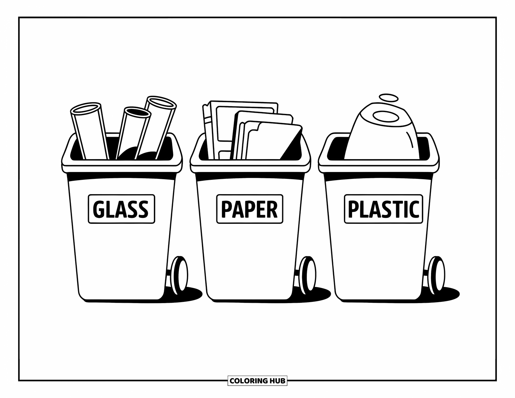Recycling Coloring Page for Kids: Set of three bins labeled glass, paper, and plastic