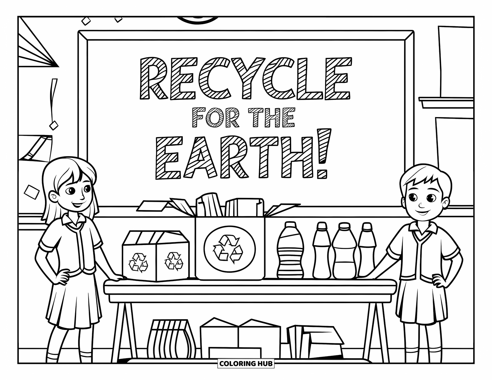 Recycling Coloring Page for Kids: Students working on a school recycling project table with boxes and bottles