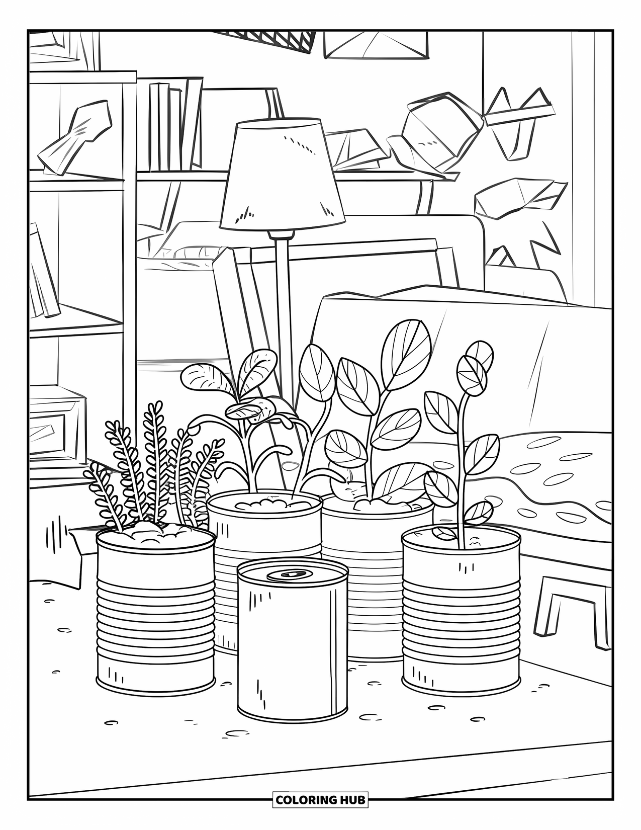Recycling Coloring Page for Kids: Teenís room with DIY flower pot cans, shelves, and rustic decor