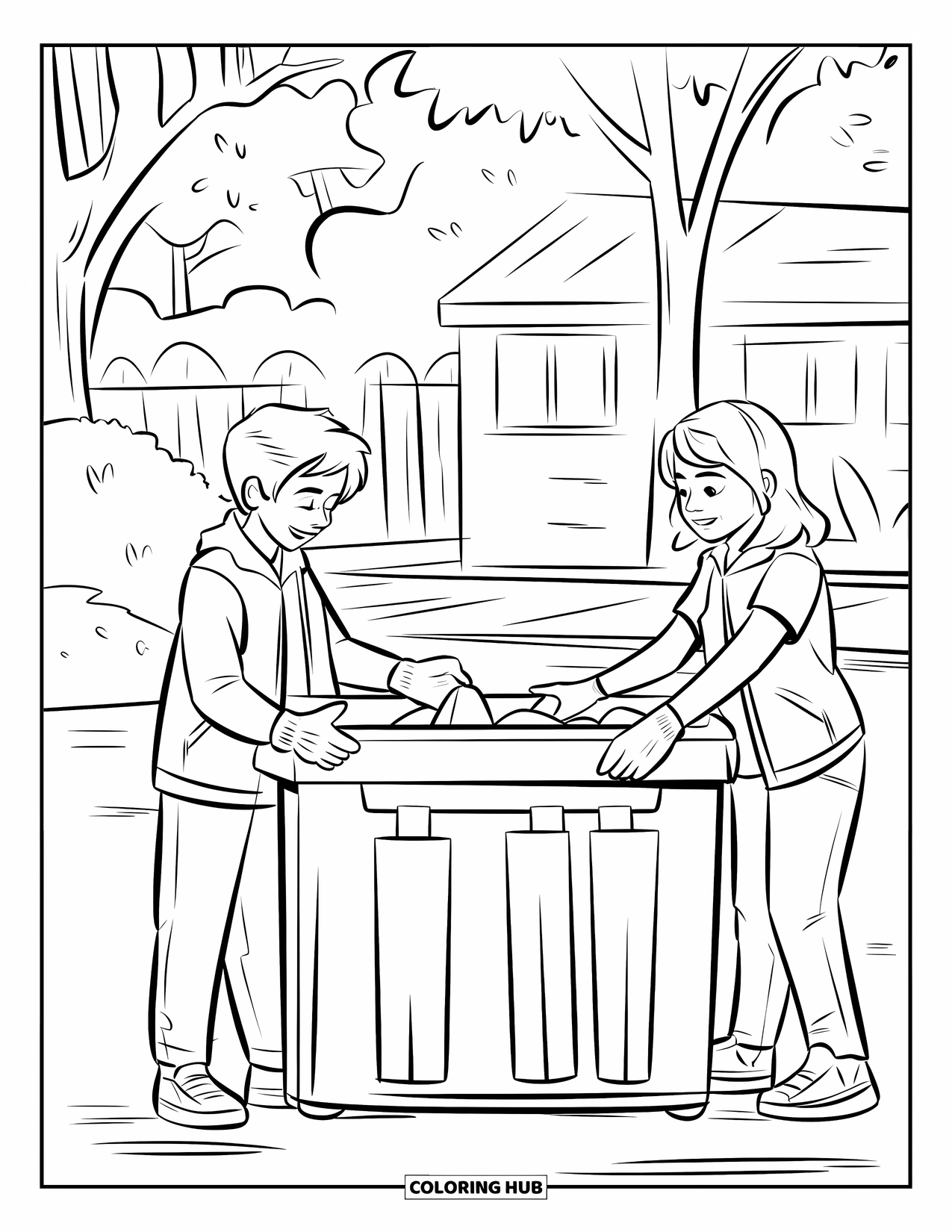 Recycling Coloring Page for Kids: Two teen volunteers separating trash outdoors near a dumpster