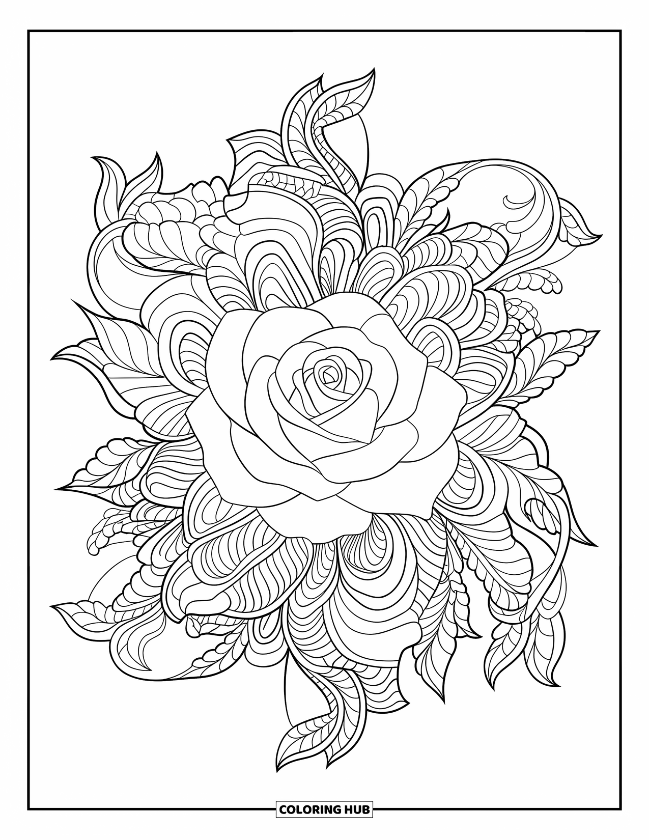 Red Coloring Page for Adults: A bold rose blooms at the center of a detailed botanical mandala