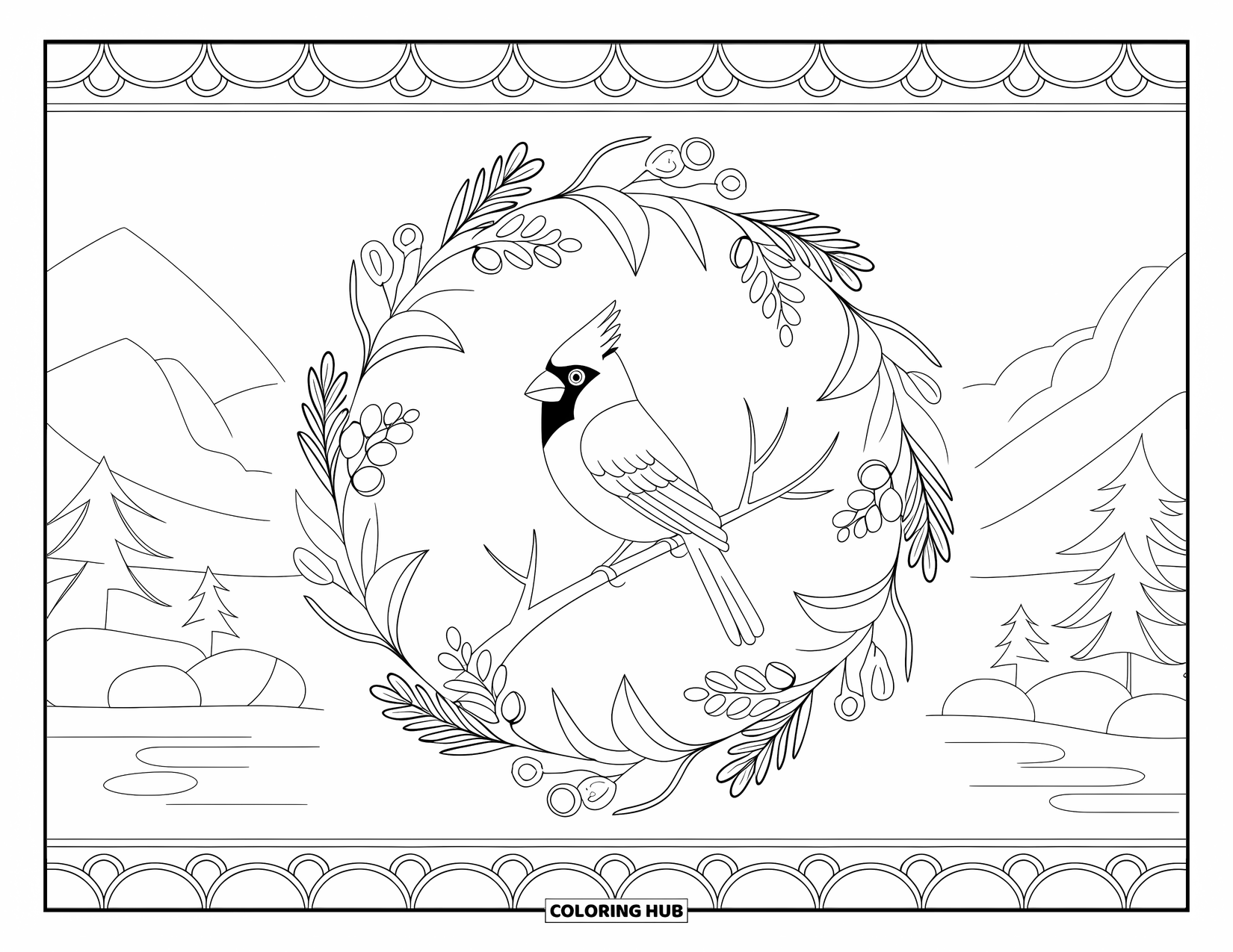 Red Coloring Page for Adults: A cardinal in a floral mandala rests over mountains, water, and trees