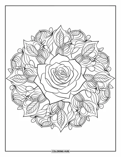 Red Coloring Page for Adults: A detailed rose is centered in a mandala of vines, leaves, and petals