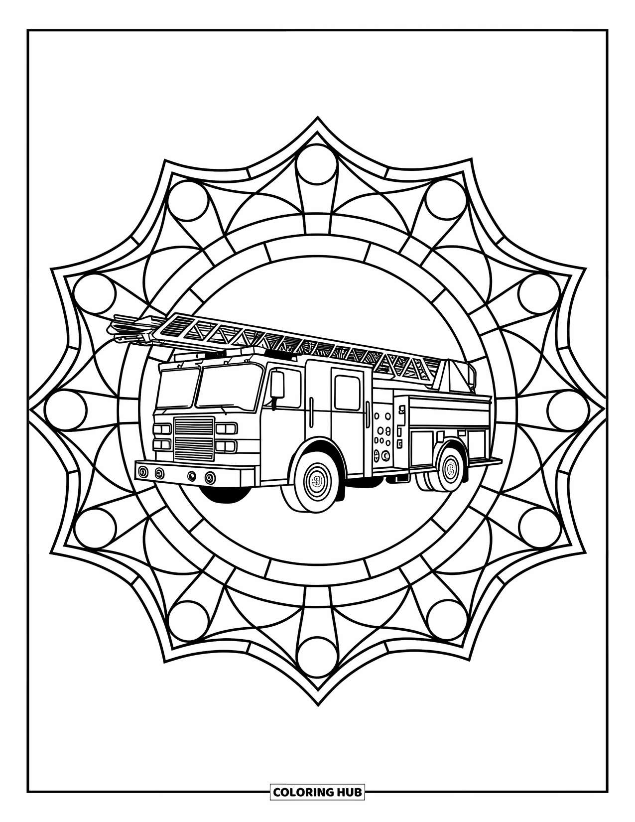Red Coloring Page for Adults: A fire truck sits in a stained glass frame of circles, triangles, and squares