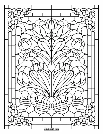 Red Coloring Page for Adults: A floral stained glass window features tulips, leaves, and a decorative ribbon