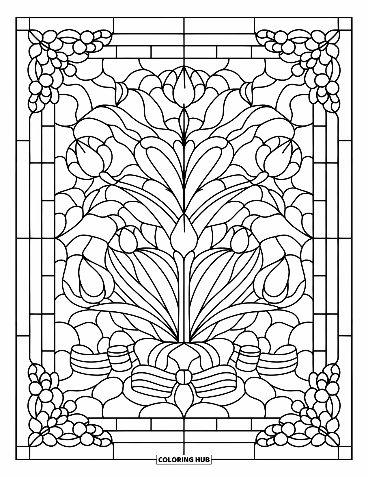 Red Coloring Page for Adults: A floral stained glass window features tulips, leaves, and a decorative ribbon