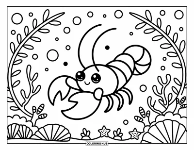Red Coloring Page for Adults: A kawaii lobster sits among coral, sea plants, and floating bubbles