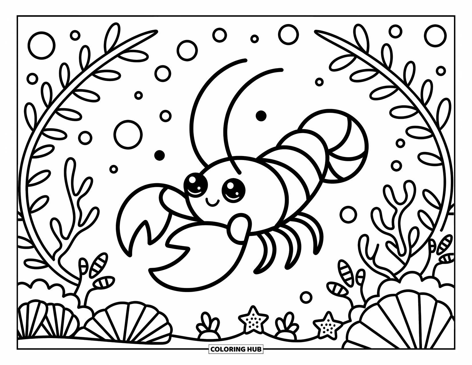 Red Coloring Page for Adults: A kawaii lobster sits among coral, sea plants, and floating bubbles