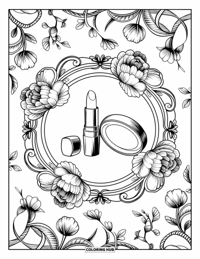 Red Coloring Page for Adults: A lipstick and mirror rest in the center of a floral mandala