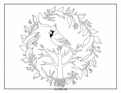 Red Coloring Page for Adults: A mandala of soft florals surrounds a cardinal on a bare tree branch