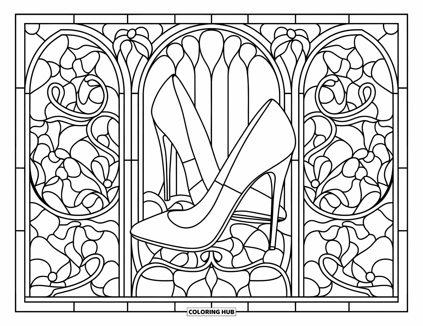 Red Coloring Page for Adults: A pair of high heels sits diagonally over a floral stained glass design