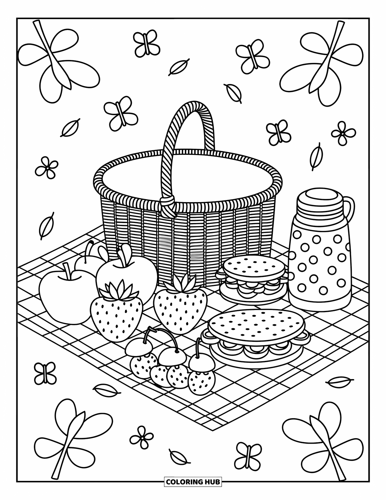 Red Coloring Page for Adults: A picnic basket with jam, fruit, and sandwiches is surrounded by butterflies