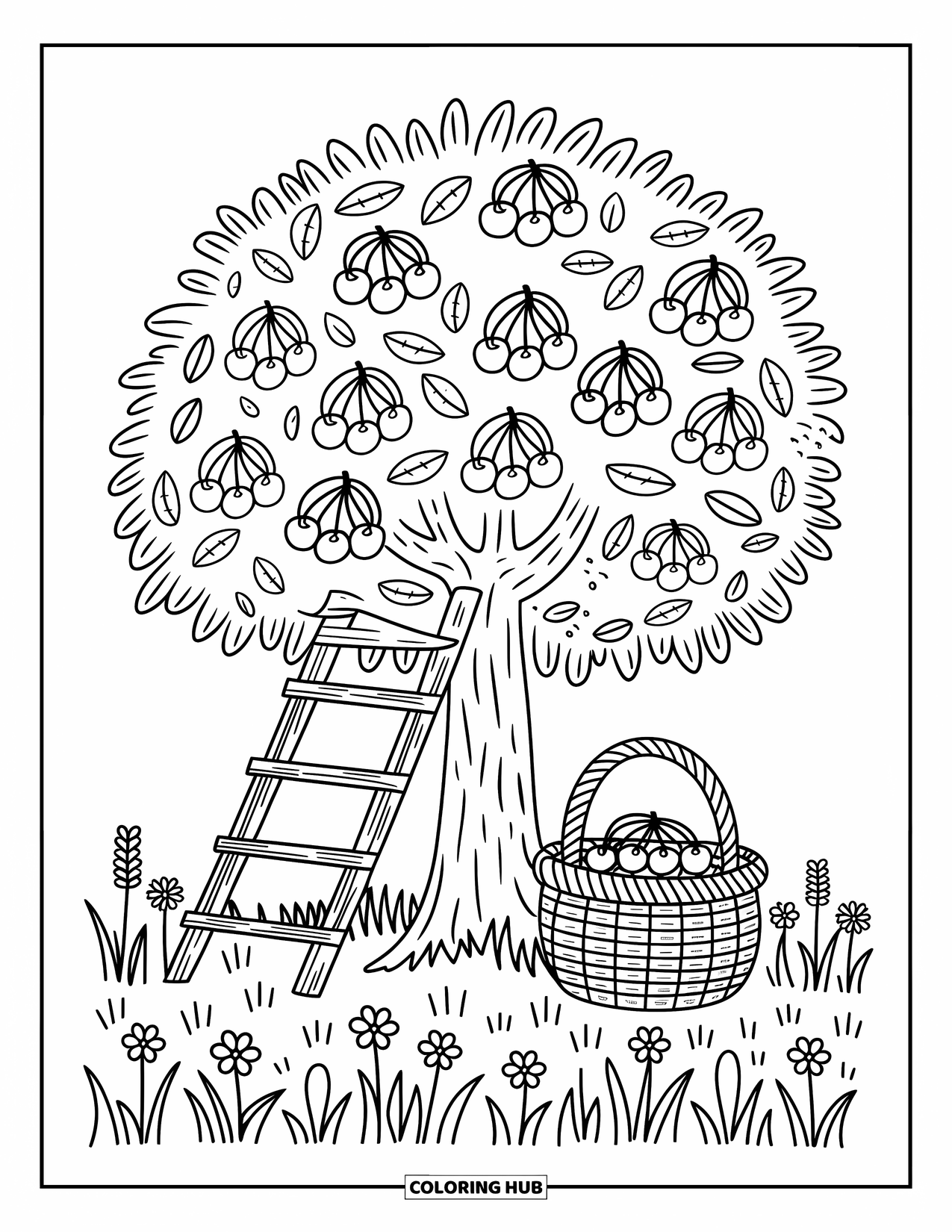 Red Coloring Page for Adults: A short cherry tree stands over a basket of fruit, with flowers dotting the grass