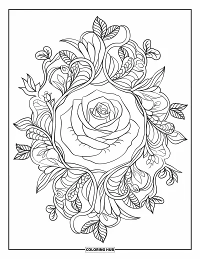 Red Coloring Page for Adults: A single rose sits inside a floral mandala with spiraling leaves and petals