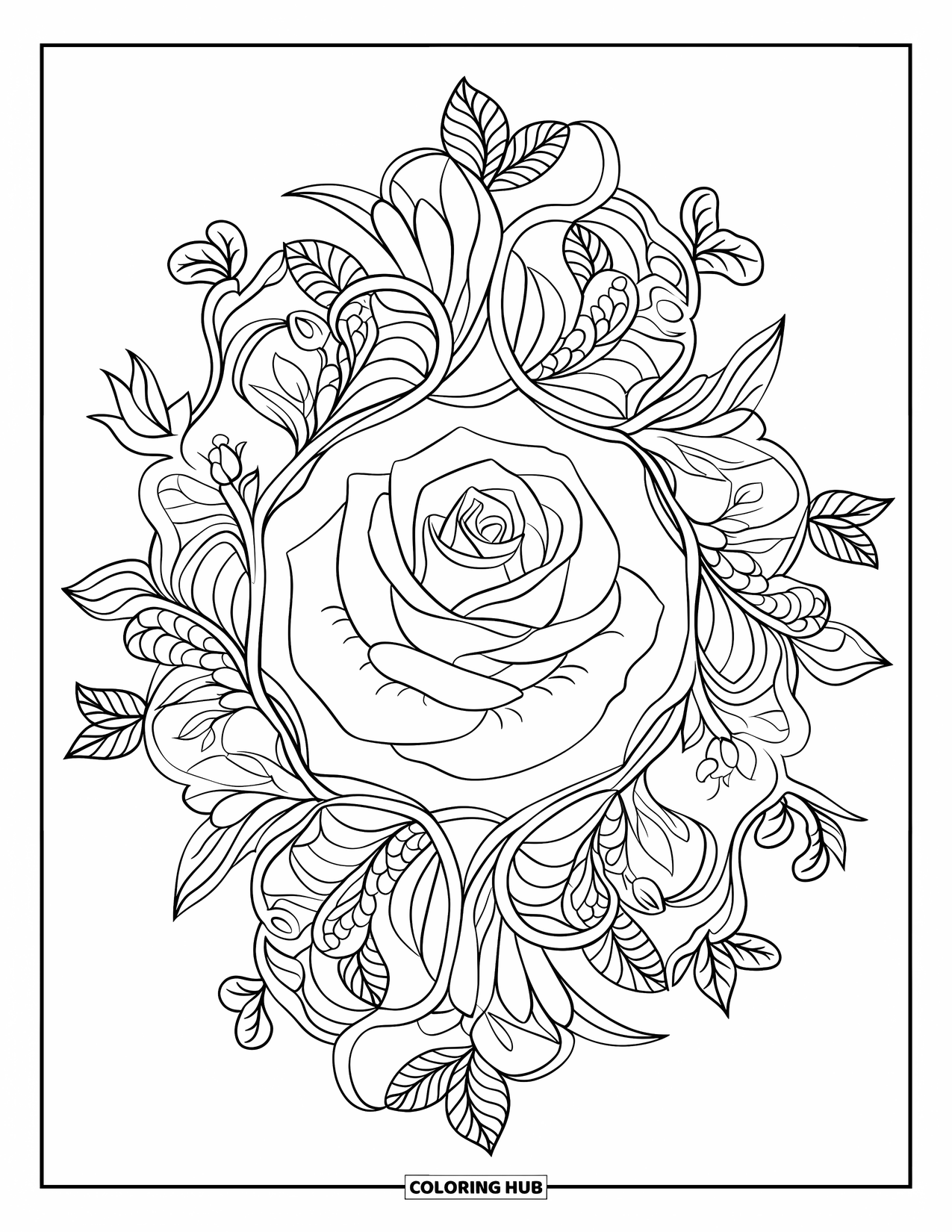 Red Coloring Page for Adults: A single rose sits inside a floral mandala with spiraling leaves and petals