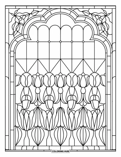 Red Coloring Page for Adults: A stained glass window with tulips and floral corners stands out in bold outlines