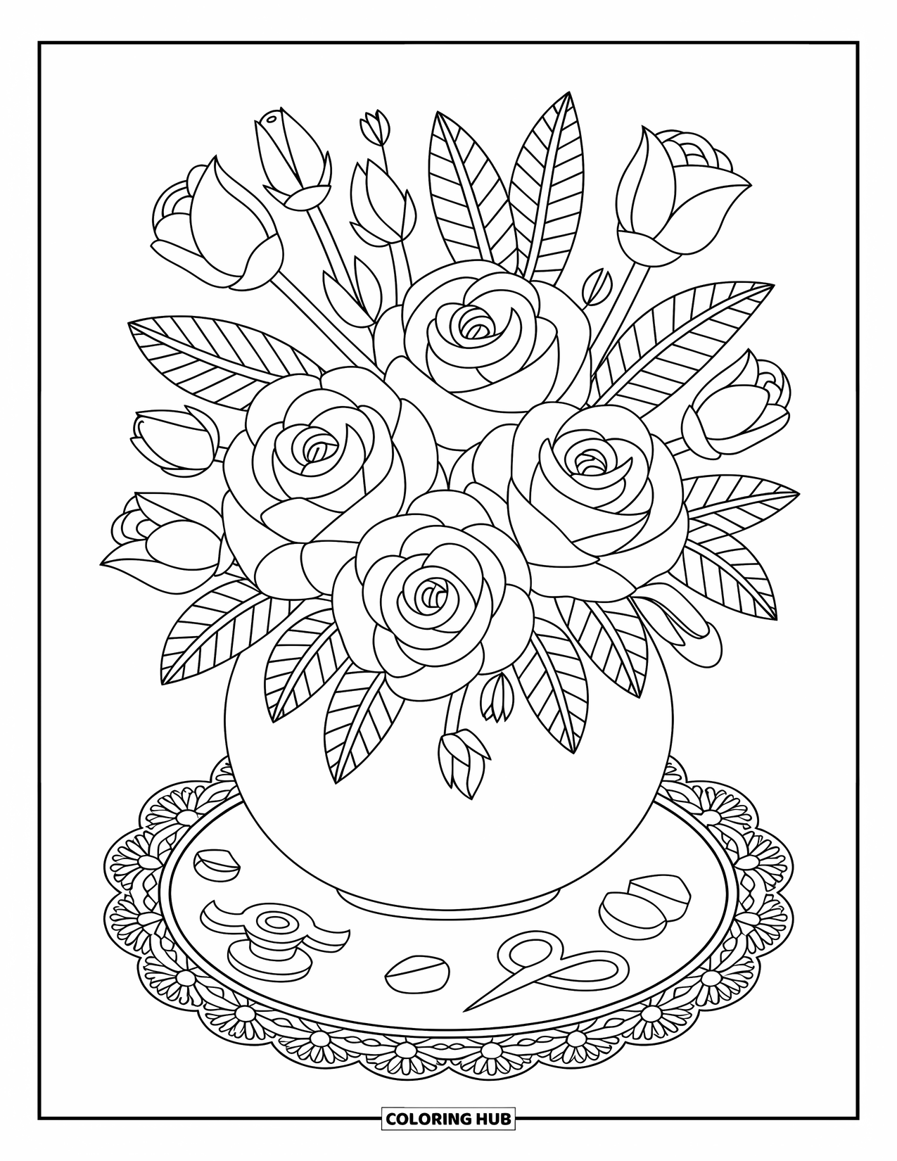 Red Coloring Page for Adults: A vase of roses sits on a doily surrounded by ribbon, scissors, and petals