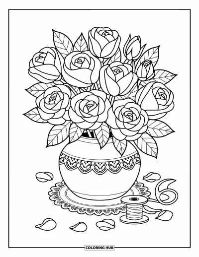 Red Coloring Page for Adults: Blooming roses fill a vase with ribbon and fallen petals around the base