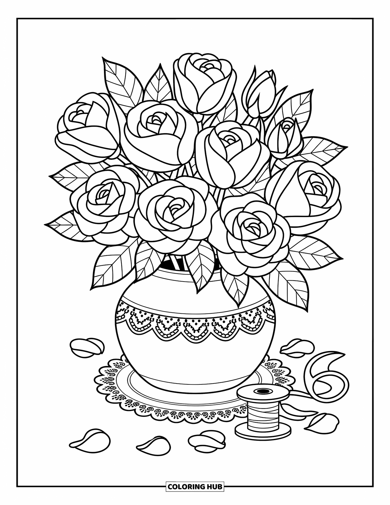 Red Coloring Page for Adults: Blooming roses fill a vase with ribbon and fallen petals around the base
