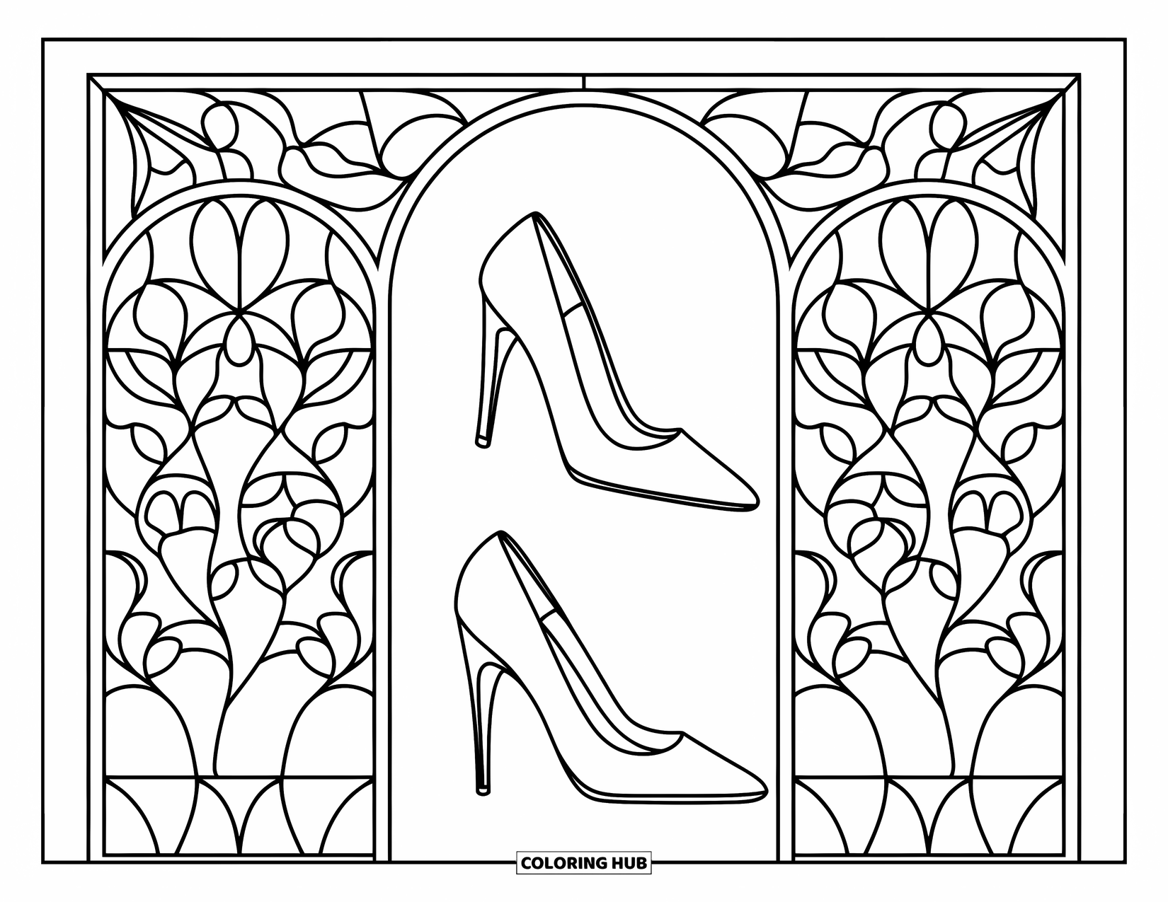 Red Coloring Page for Adults: High heels rest over a decorative background of floral stained glass patterns
