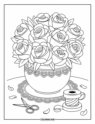 Red Coloring Page for Adults: Roses in a vase rest on a doily with scissors, ribbon, and curled petals