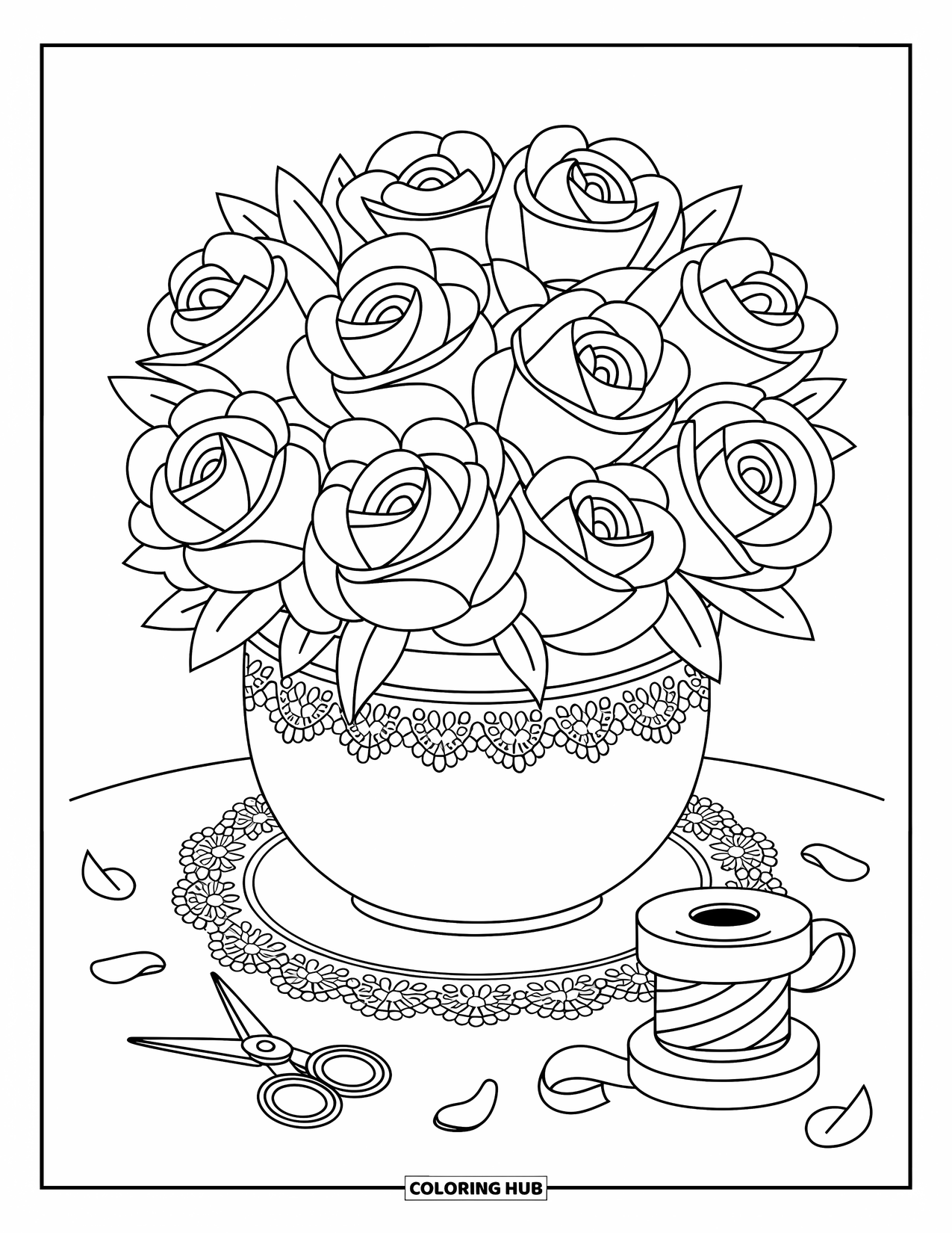 Red Coloring Page for Adults: Roses in a vase rest on a doily with scissors, ribbon, and curled petals