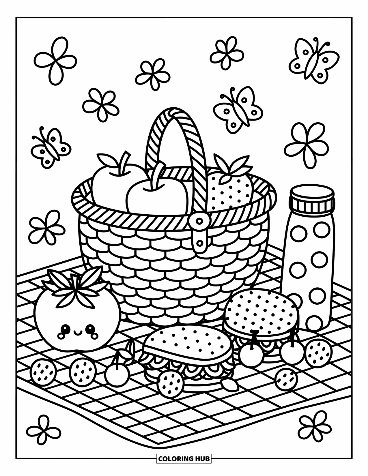 Red Coloring Page for Adults: Strawberries, cherries, and sandwiches fill a basket on a cozy picnic blanket