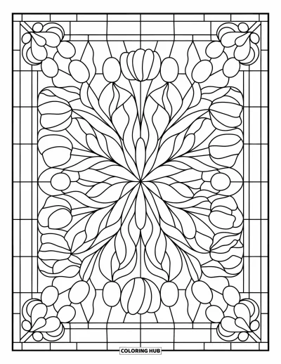 Red Coloring Page for Adults: Tulips bloom in a symmetrical stained glass design with floral corners