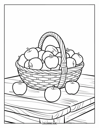 Red Coloring Page for Kids: A basket of apples rests on a wooden table with a few scattered nearby