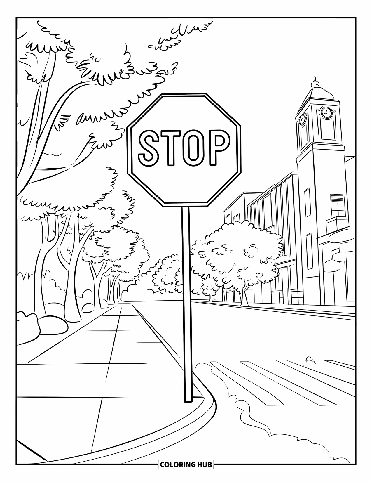 Red Coloring Page for Kids: A bold stop sign marks a quiet street lined with trees and buildings