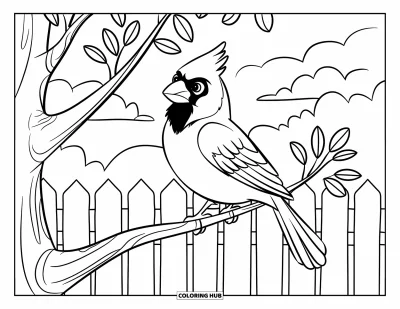 Red Coloring Page for Kids: A cardinal rests near a picket fence under a sky with clouds