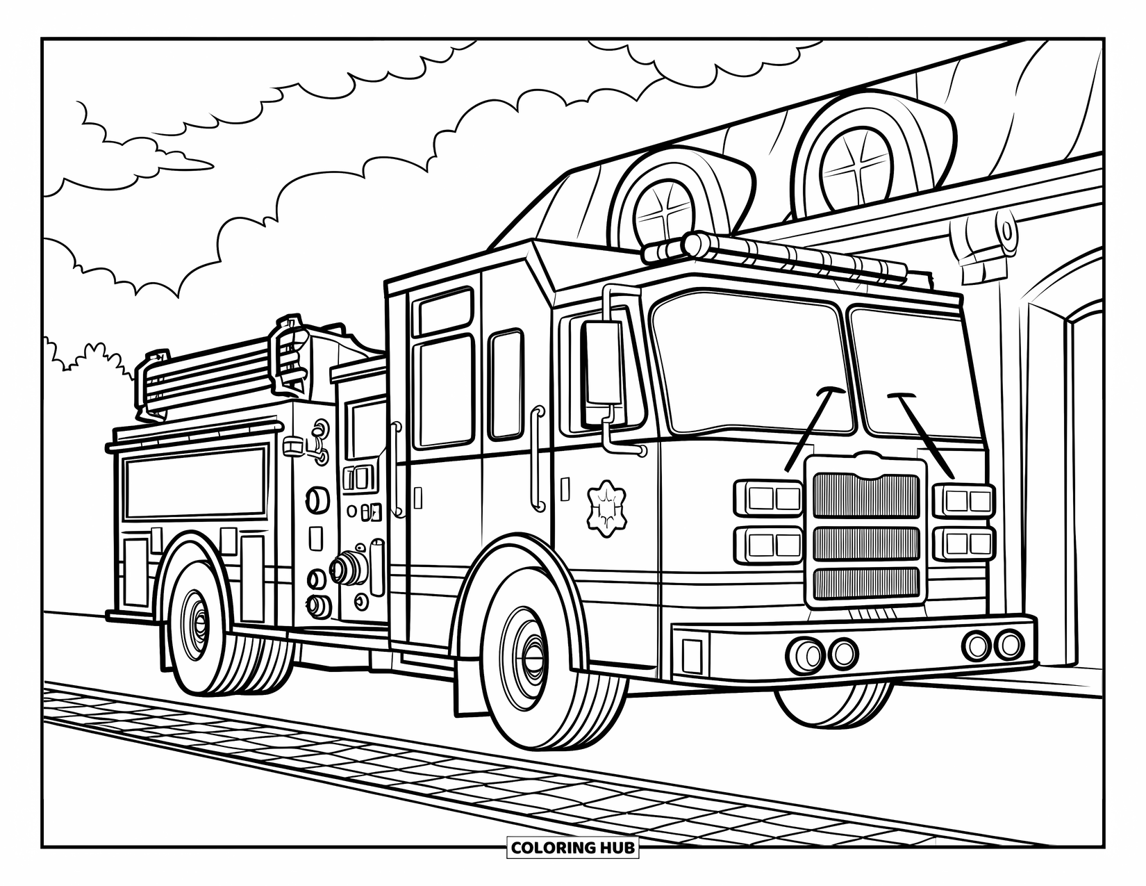 Red Coloring Page for Kids: A fire truck is parked in front of a small station on a cobblestone path