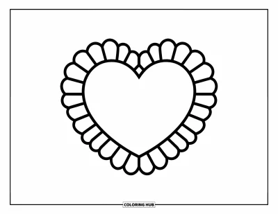 Red Coloring Page for Kids: A frilly heart surrounds a smaller heart in a playful, easy-to-color design