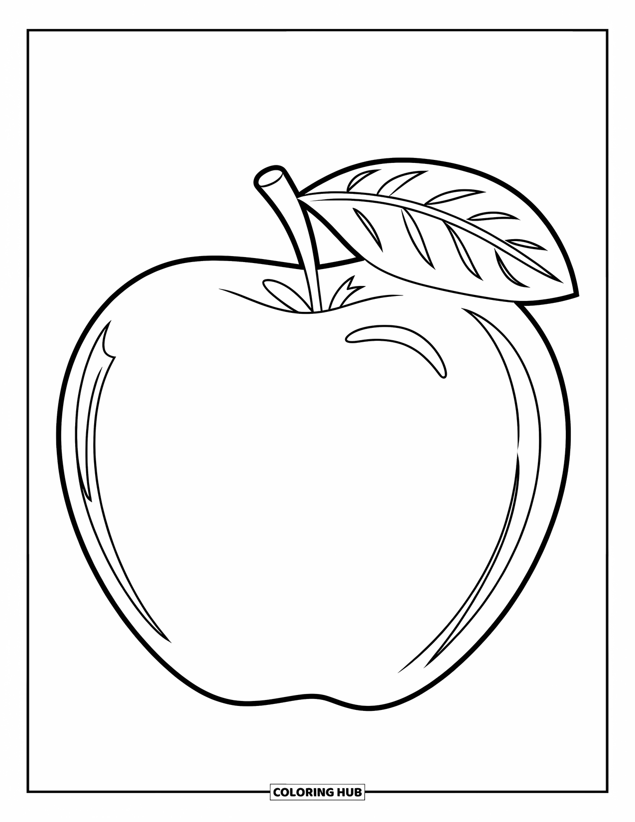 Red Coloring Page for Kids: A green apple with a leaf and core stands against a clean background